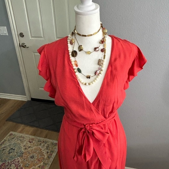🧡”Express” Beautiful V-Neck High/Low Wrap Ruffled Coral Dress Size XXS - Picture 3 of 9